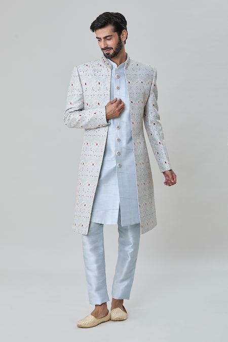 Shop_Arihant Rai Sinha_Blue Silk Embroidery Floral Vine Tile Sherwani Pant Set _Online_at_Aza_Fashions
