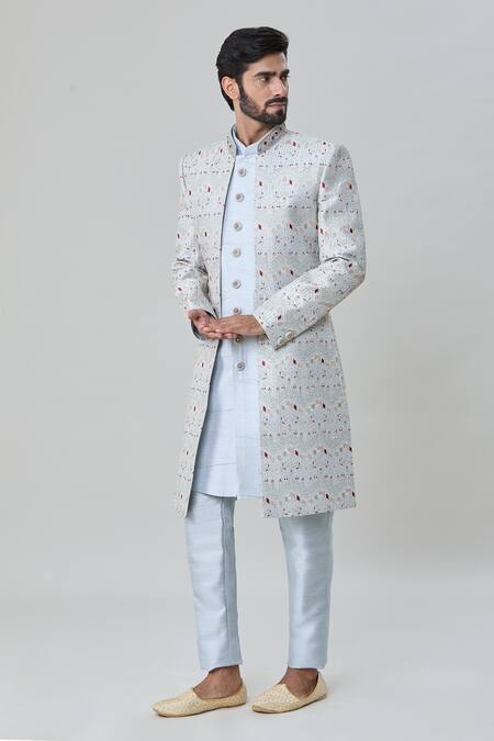 Arihant Rai Sinha_Blue Silk Embroidery Floral Vine Tile Sherwani Pant Set _at_Aza_Fashions