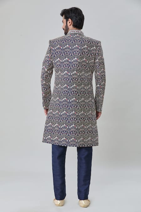 Shop_Arihant Rai Sinha_Blue Silk Embroidery Floret Bud Sherwani Pant Set _at_Aza_Fashions