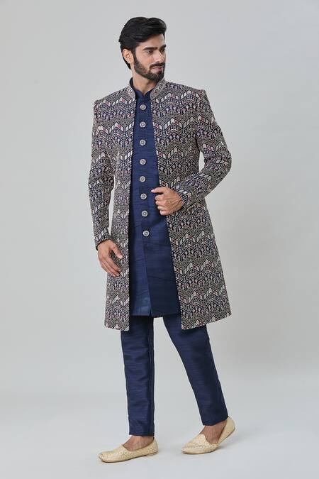 Buy_Arihant Rai Sinha_Blue Silk Embroidery Floret Bud Sherwani Pant Set _Online_at_Aza_Fashions