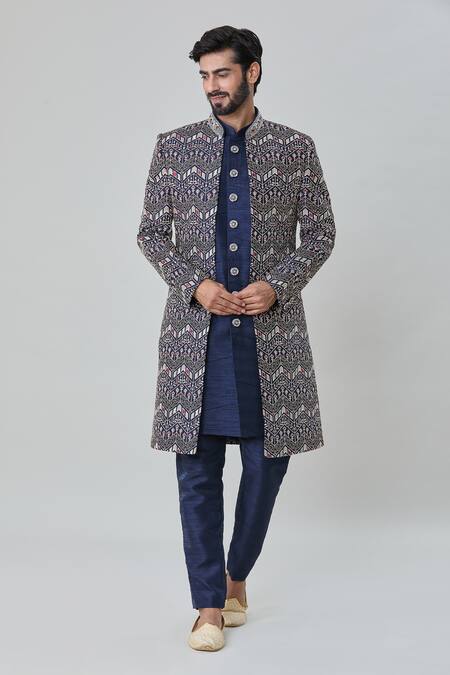 Shop_Arihant Rai Sinha_Blue Silk Embroidery Floret Bud Sherwani Pant Set _Online_at_Aza_Fashions