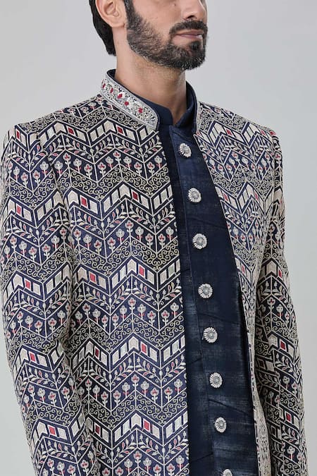 Arihant Rai Sinha_Blue Silk Embroidery Floret Bud Sherwani Pant Set _at_Aza_Fashions