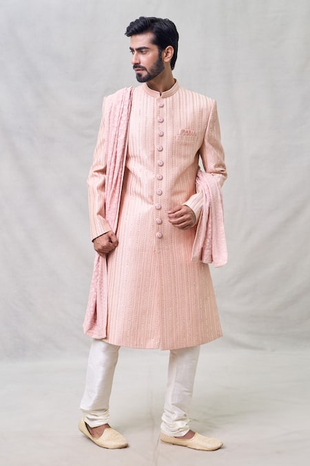 Arihant Rai Sinha Peach Sherwani Art Silk Embroidery Thread Sequin Set 