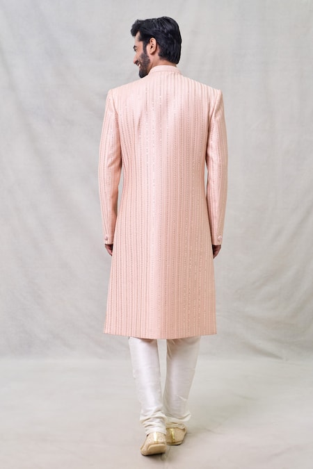 Shop_Arihant Rai Sinha_Peach Silk, Chanderi Sequins, Embroidery Sherwani Set _at_Aza_Fashions