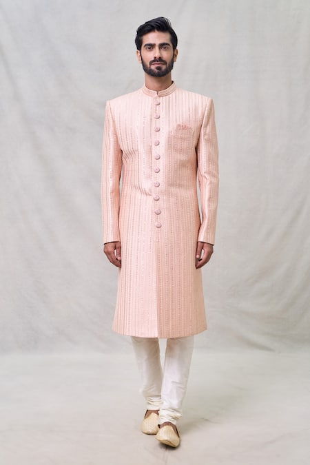 Buy_Arihant Rai Sinha_Peach Silk, Chanderi Sequins, Embroidery Sherwani Set _Online_at_Aza_Fashions