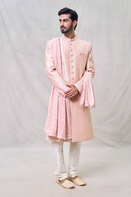 Shop_Arihant Rai Sinha_Peach Silk, Chanderi Sequins, Embroidery Sherwani Set _Online_at_Aza_Fashions