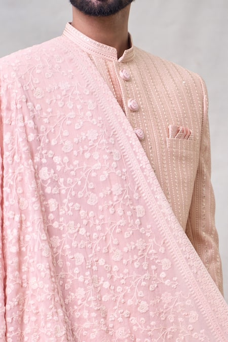 Arihant Rai Sinha_Peach Silk, Chanderi Sequins, Embroidery Sherwani Set _at_Aza_Fashions