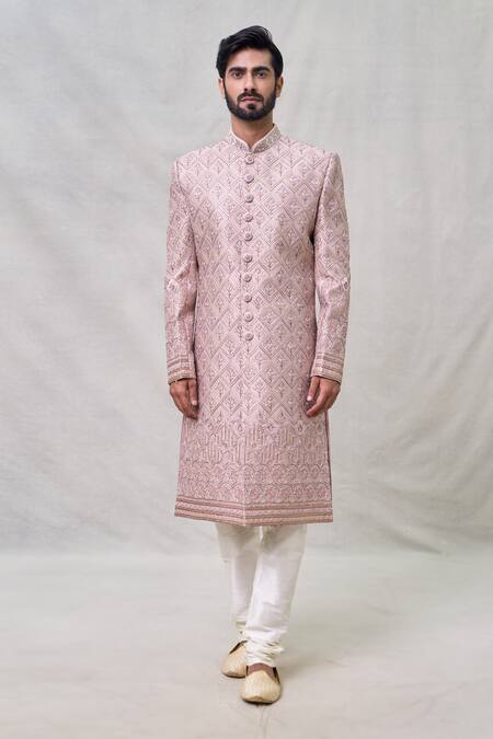 Buy_Arihant Rai Sinha_Pink Silk, Chanderi Cut Work Cutdana Embroidered Sherwani Set _Online_at_Aza_Fashions