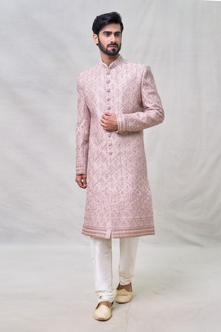 Shop_Arihant Rai Sinha_Pink Silk, Chanderi Cut Work Cutdana Embroidered Sherwani Set _Online_at_Aza_Fashions