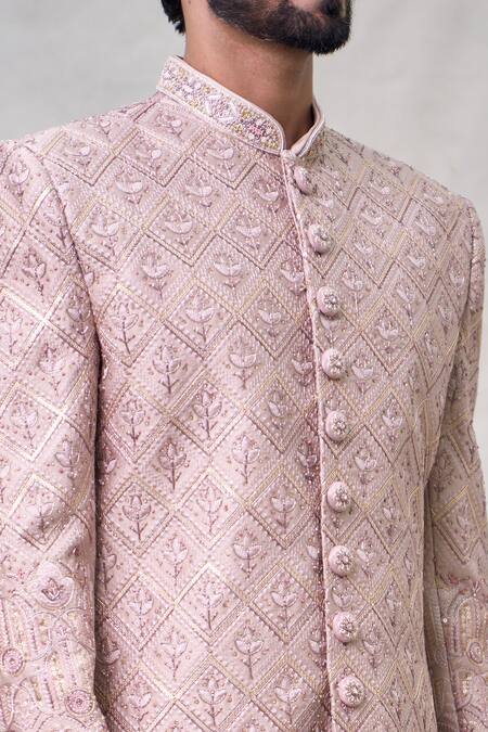Arihant Rai Sinha_Pink Silk, Chanderi Cut Work Cutdana Embroidered Sherwani Set _at_Aza_Fashions