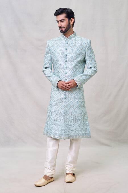 Buy Arihant Rai Sinha Blue Silk, Chanderi Cut Work Floral Embroidered Sherwani Set at Aza Fashions Buy_Arihant Rai Sinha_Blue Silk, Chanderi Cut Work Floral Embroidered Sherwani Set _at_Aza_Fashions