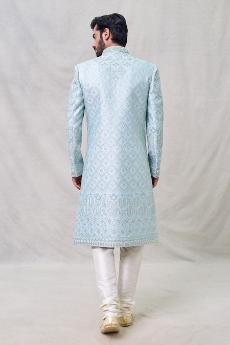 Shop Arihant Rai Sinha Blue Silk, Chanderi Cut Work Floral Embroidered Sherwani Set at Aza Fashions Shop_Arihant Rai Sinha_Blue Silk, Chanderi Cut Work Floral Embroidered Sherwani Set _at_Aza_Fashions