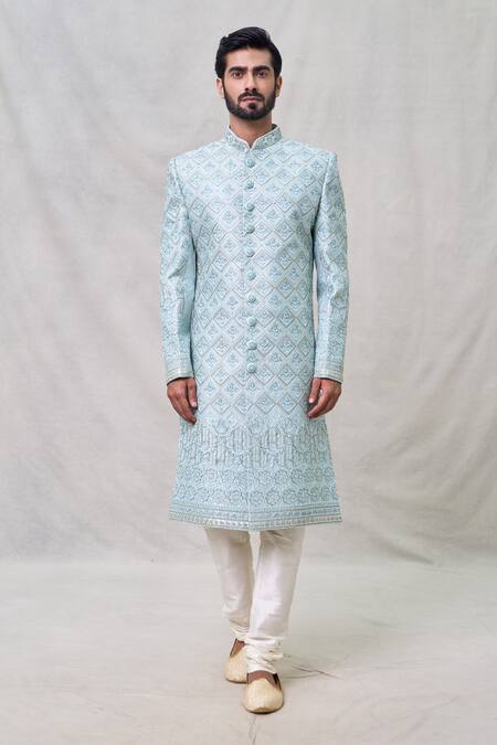 Buy Arihant Rai Sinha Blue Silk, Chanderi Cut Work Floral Embroidered Sherwani Set Online at Aza Fashions Buy_Arihant Rai Sinha_Blue Silk, Chanderi Cut Work Floral Embroidered Sherwani Set _Online_at_Aza_Fashions