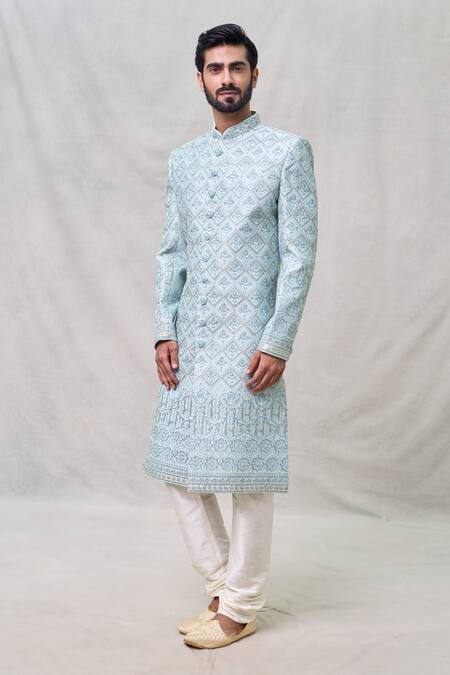 Shop Arihant Rai Sinha Blue Silk, Chanderi Cut Work Floral Embroidered Sherwani Set Online at Aza Fashions Shop_Arihant Rai Sinha_Blue Silk, Chanderi Cut Work Floral Embroidered Sherwani Set _Online_at_Aza_Fashions