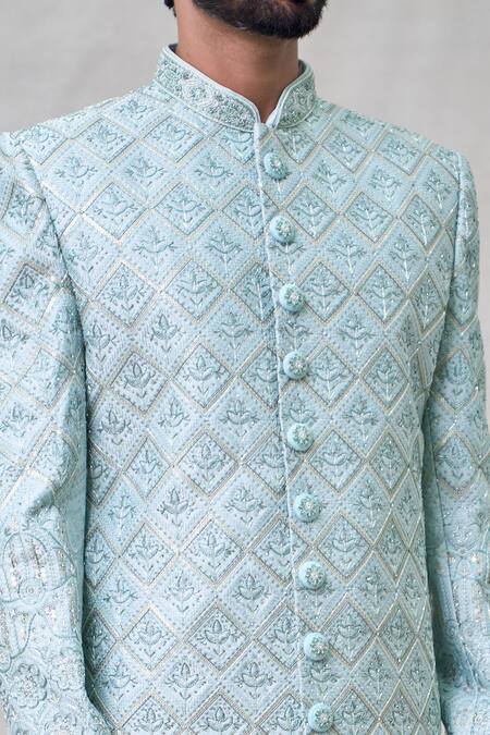 Arihant Rai Sinha Blue Silk, Chanderi Cut Work Floral Embroidered Sherwani Set at Aza Fashions Arihant Rai Sinha_Blue Silk, Chanderi Cut Work Floral Embroidered Sherwani Set _at_Aza_Fashions