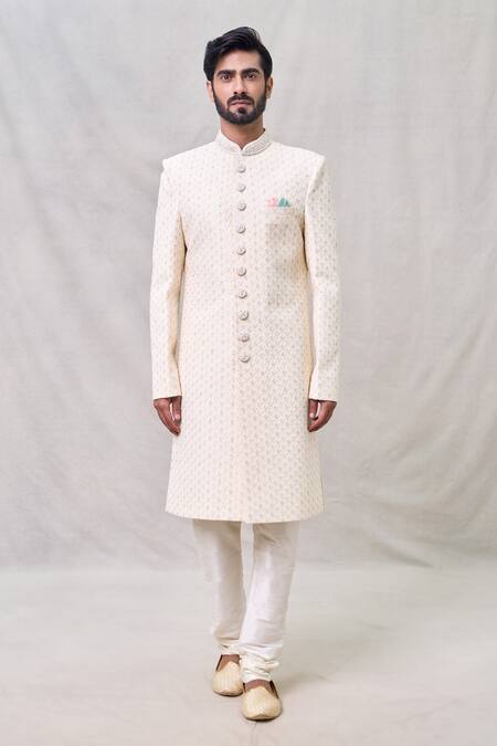 Buy_Arihant Rai Sinha_Cream Georgette, Chanderi Cut Work, Sequins, Embroidery Threadwork Sherwani Set _Online_at_Aza_Fashions