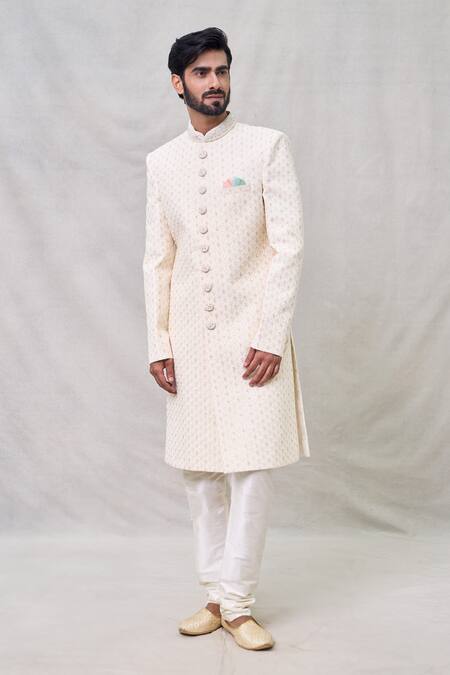 Shop_Arihant Rai Sinha_Cream Georgette, Chanderi Cut Work, Sequins, Embroidery Threadwork Sherwani Set _Online_at_Aza_Fashions