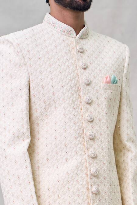 Arihant Rai Sinha_Cream Georgette, Chanderi Cut Work, Sequins, Embroidery Threadwork Sherwani Set _at_Aza_Fashions
