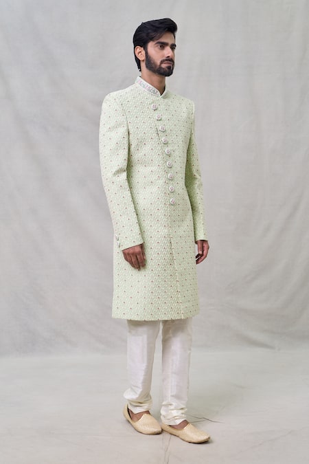 Arihant Rai Sinha_Green Georgette, Denim Cut Work, Sequins, Embroidery Cutdana Sherwani Set _Online_at_Aza_Fashions