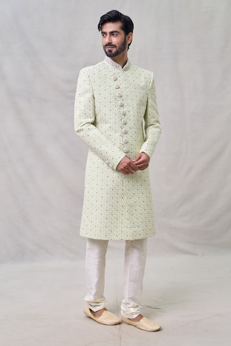 Buy_Arihant Rai Sinha_Green Georgette, Denim Cut Work, Sequins, Embroidery Cutdana Sherwani Set _Online_at_Aza_Fashions
