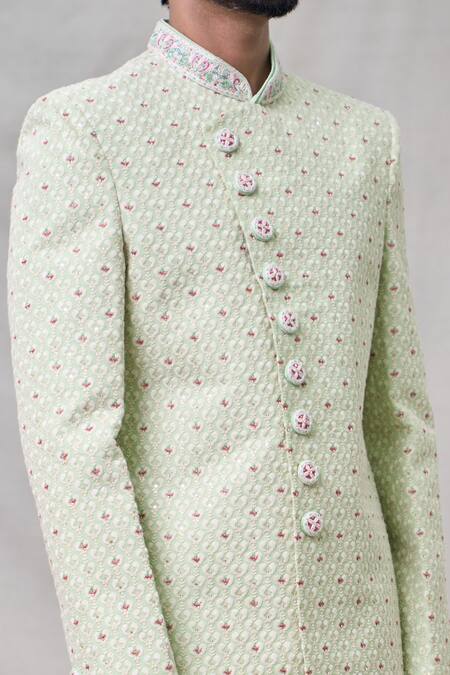 Shop_Arihant Rai Sinha_Green Georgette, Denim Cut Work, Sequins, Embroidery Cutdana Sherwani Set _Online_at_Aza_Fashions