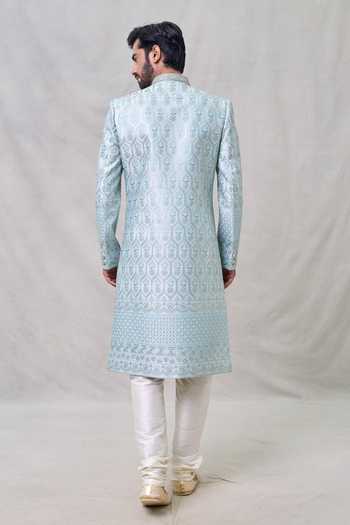 Shop Arihant Rai Sinha Blue Silk Sequins, Embroidery Mughal Sherwani Set at Aza Fashions Shop_Arihant Rai Sinha_Blue Silk Sequins, Embroidery Mughal Sherwani Set _at_Aza_Fashions