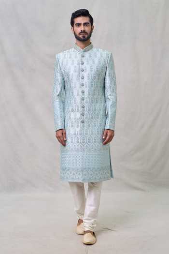 Arihant Rai Sinha Blue Silk Sequins, Embroidery Mughal Sherwani Set Online at Aza Fashions Arihant Rai Sinha_Blue Silk Sequins, Embroidery Mughal Sherwani Set _Online_at_Aza_Fashions