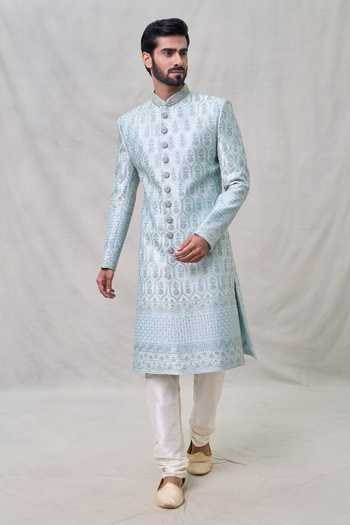 Buy Arihant Rai Sinha Blue Silk Sequins, Embroidery Mughal Sherwani Set Online at Aza Fashions Buy_Arihant Rai Sinha_Blue Silk Sequins, Embroidery Mughal Sherwani Set _Online_at_Aza_Fashions