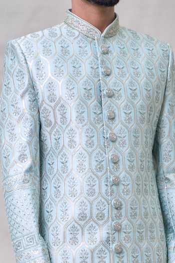 Shop Arihant Rai Sinha Blue Silk Sequins, Embroidery Mughal Sherwani Set Online at Aza Fashions Shop_Arihant Rai Sinha_Blue Silk Sequins, Embroidery Mughal Sherwani Set _Online_at_Aza_Fashions