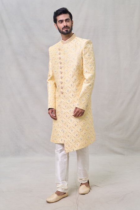 Arihant Rai Sinha Yellow Sherwani Art Silk Embroidery Thread Checkered Set 