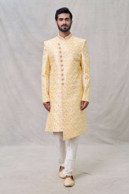 Arihant Rai Sinha_Yellow Silk, Denim Cut Work, Sequins, Embroidery Checkered Sherwani Set _Online_at_Aza_Fashions