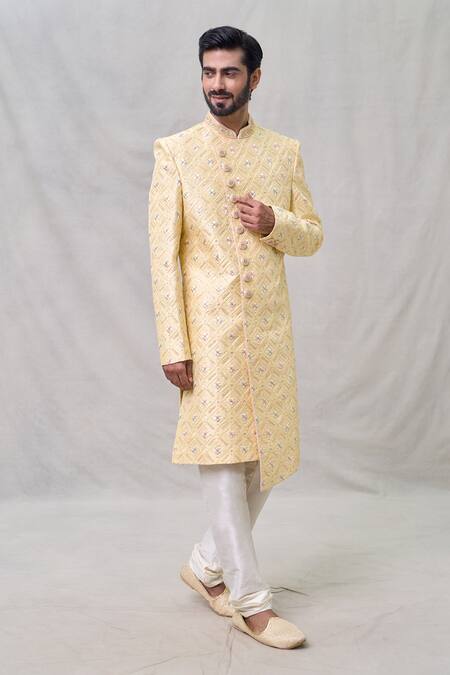 Buy_Arihant Rai Sinha_Yellow Silk, Denim Cut Work, Sequins, Embroidery Checkered Sherwani Set _Online_at_Aza_Fashions