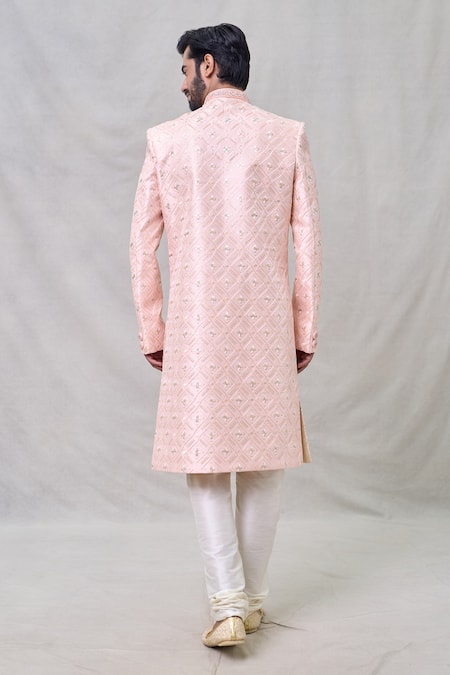 Shop Arihant Rai Sinha Pink Silk, Faux Leather, Denim Cut Work, Sequins Checkered Pattern Sherwani Set at Aza Fashions Shop_Arihant Rai Sinha_Pink Silk, Faux Leather, Denim Cut Work, Sequins Checkered Pattern Sherwani Set _at_Aza_Fashions