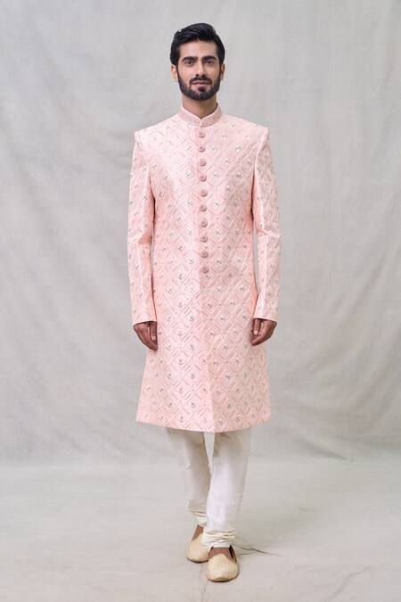 Arihant Rai Sinha Pink Silk, Faux Leather, Denim Cut Work, Sequins Checkered Pattern Sherwani Set Online at Aza Fashions Arihant Rai Sinha_Pink Silk, Faux Leather, Denim Cut Work, Sequins Checkered Pattern Sherwani Set _Online_at_Aza_Fashions