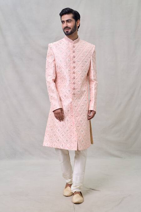 Buy Arihant Rai Sinha Pink Silk, Faux Leather, Denim Cut Work, Sequins Checkered Pattern Sherwani Set Online at Aza Fashions Buy_Arihant Rai Sinha_Pink Silk, Faux Leather, Denim Cut Work, Sequins Checkered Pattern Sherwani Set _Online_at_Aza_Fashions