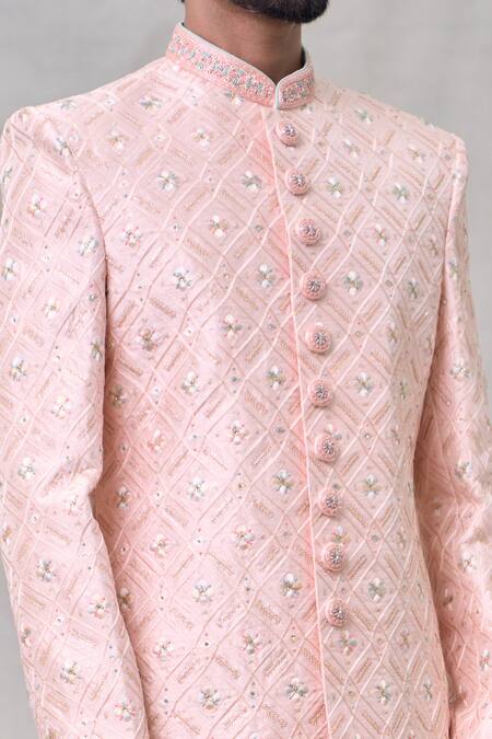 Shop Arihant Rai Sinha Pink Silk, Faux Leather, Denim Cut Work, Sequins Checkered Pattern Sherwani Set Online at Aza Fashions Shop_Arihant Rai Sinha_Pink Silk, Faux Leather, Denim Cut Work, Sequins Checkered Pattern Sherwani Set _Online_at_Aza_Fashions