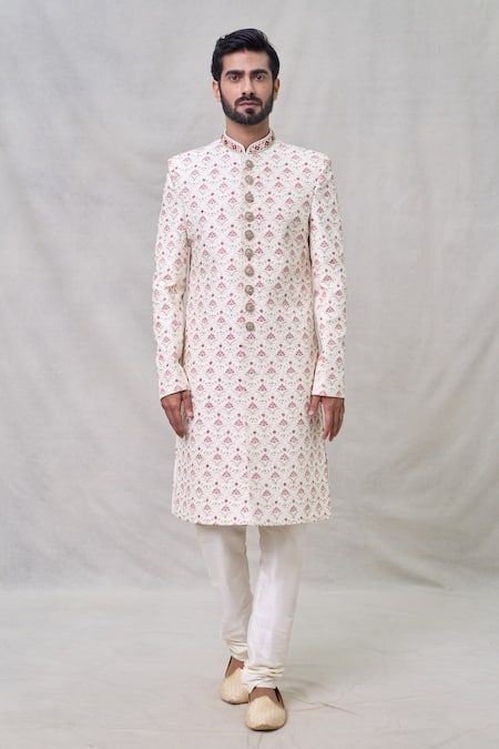 Arihant Rai Sinha_Cream Silk, Faux Leather, Chanderi Beads, Cut Lotus Embroidered Sherwani Set _Online_at_Aza_Fashions