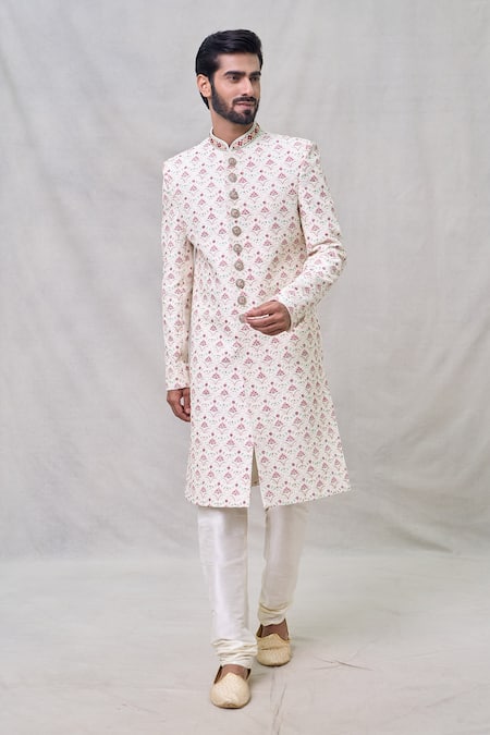 Buy_Arihant Rai Sinha_Cream Silk, Faux Leather, Chanderi Beads, Cut Lotus Embroidered Sherwani Set _Online_at_Aza_Fashions