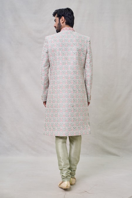 Shop Arihant Rai Sinha Green Silk, Chanderi Embroidery Flower Sherwani Set at Aza Fashions Shop_Arihant Rai Sinha_Green Silk, Chanderi Embroidery Flower Sherwani Set _at_Aza_Fashions