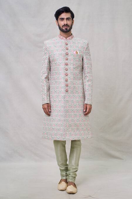 Arihant Rai Sinha Green Silk, Chanderi Embroidery Flower Sherwani Set Online at Aza Fashions Arihant Rai Sinha_Green Silk, Chanderi Embroidery Flower Sherwani Set _Online_at_Aza_Fashions