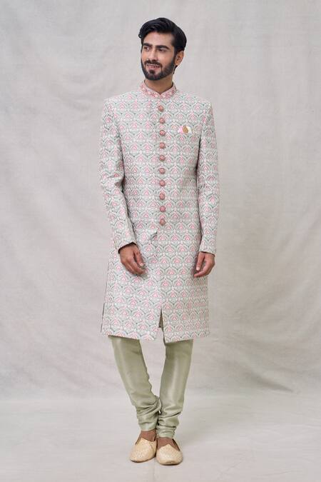 Buy Arihant Rai Sinha Green Silk, Chanderi Embroidery Flower Sherwani Set Online at Aza Fashions Buy_Arihant Rai Sinha_Green Silk, Chanderi Embroidery Flower Sherwani Set _Online_at_Aza_Fashions