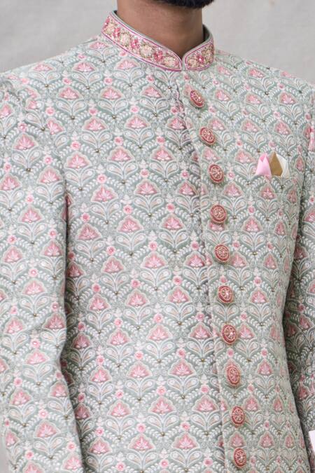 Shop Arihant Rai Sinha Green Silk, Chanderi Embroidery Flower Sherwani Set Online at Aza Fashions Shop_Arihant Rai Sinha_Green Silk, Chanderi Embroidery Flower Sherwani Set _Online_at_Aza_Fashions