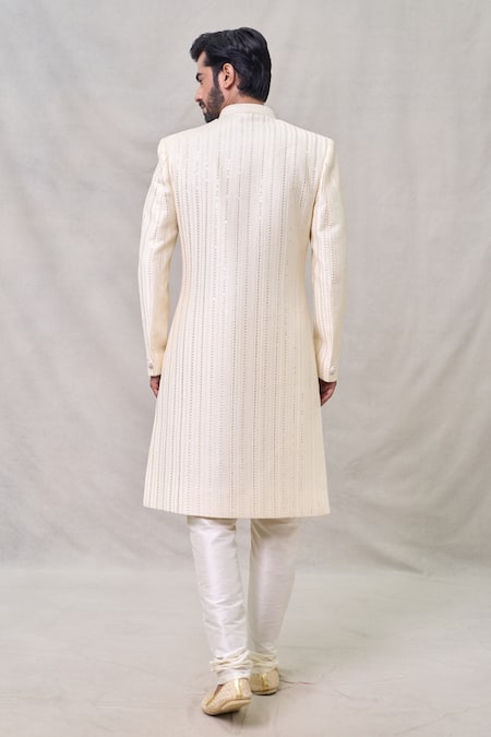 Shop Arihant Rai Sinha Cream Silk, Cotton, Chanderi Sequins, Embroidery Stripe Sherwani Set at Aza Fashions Shop_Arihant Rai Sinha_Cream Silk, Cotton, Chanderi Sequins, Embroidery Stripe Sherwani Set _at_Aza_Fashions