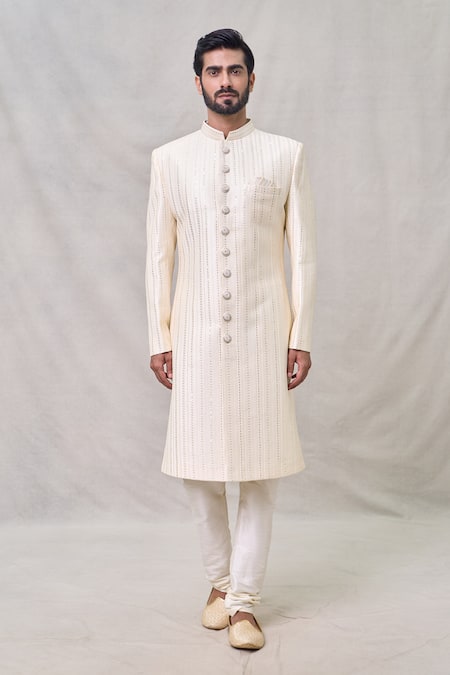 Arihant Rai Sinha Cream Silk, Cotton, Chanderi Sequins, Embroidery Stripe Sherwani Set Online at Aza Fashions Arihant Rai Sinha_Cream Silk, Cotton, Chanderi Sequins, Embroidery Stripe Sherwani Set _Online_at_Aza_Fashions