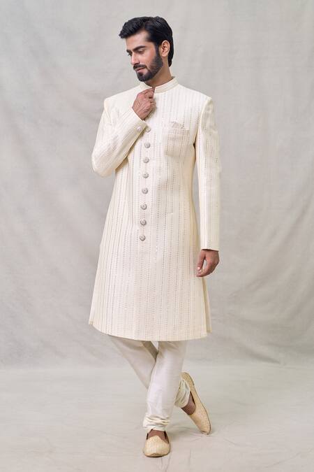 Buy Arihant Rai Sinha Cream Silk, Cotton, Chanderi Sequins, Embroidery Stripe Sherwani Set Online at Aza Fashions Buy_Arihant Rai Sinha_Cream Silk, Cotton, Chanderi Sequins, Embroidery Stripe Sherwani Set _Online_at_Aza_Fashions