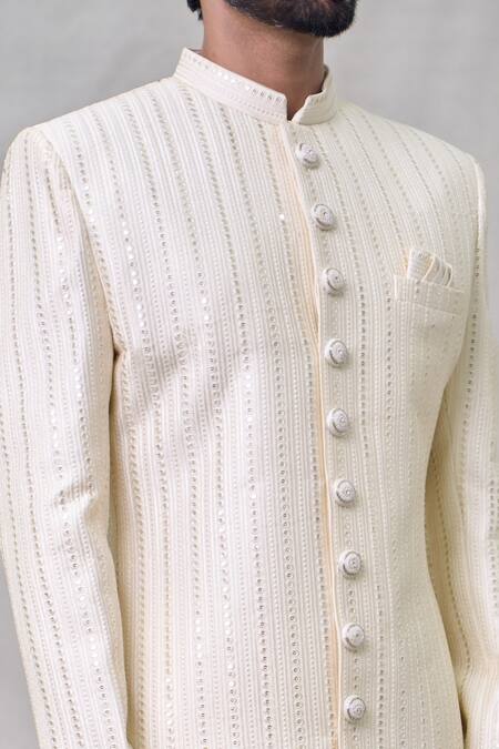 Shop Arihant Rai Sinha Cream Silk, Cotton, Chanderi Sequins, Embroidery Stripe Sherwani Set Online at Aza Fashions Shop_Arihant Rai Sinha_Cream Silk, Cotton, Chanderi Sequins, Embroidery Stripe Sherwani Set _Online_at_Aza_Fashions