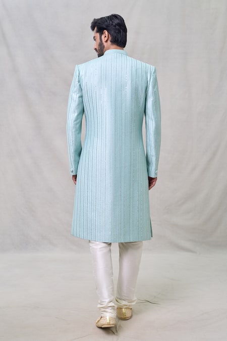 Shop Arihant Rai Sinha Green Silk, Chanderi Sequins, Embroidery Stripe Sherwani Set at Aza Fashions Shop_Arihant Rai Sinha_Green Silk, Chanderi Sequins, Embroidery Stripe Sherwani Set _at_Aza_Fashions