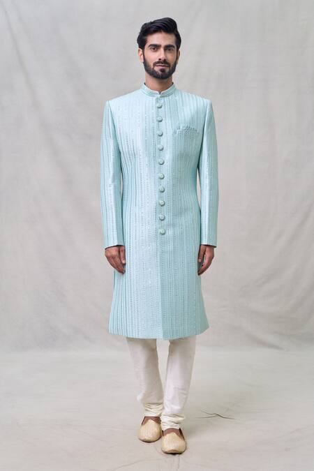 Arihant Rai Sinha Green Silk, Chanderi Sequins, Embroidery Stripe Sherwani Set Online at Aza Fashions Arihant Rai Sinha_Green Silk, Chanderi Sequins, Embroidery Stripe Sherwani Set _Online_at_Aza_Fashions