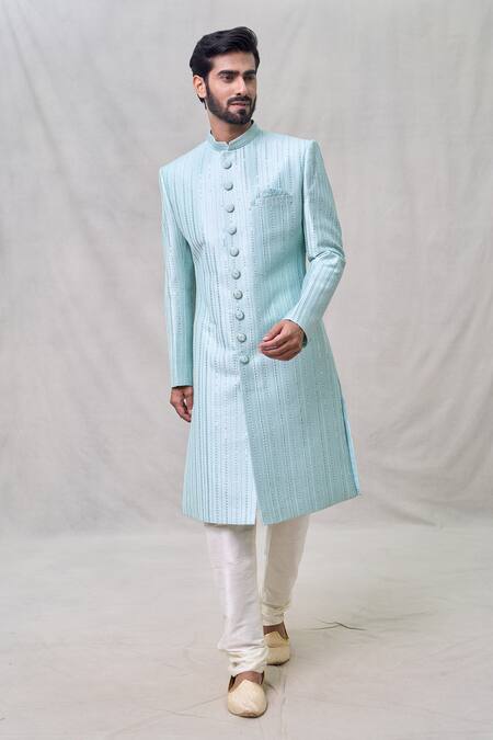 Buy Arihant Rai Sinha Green Silk, Chanderi Sequins, Embroidery Stripe Sherwani Set Online at Aza Fashions Buy_Arihant Rai Sinha_Green Silk, Chanderi Sequins, Embroidery Stripe Sherwani Set _Online_at_Aza_Fashions