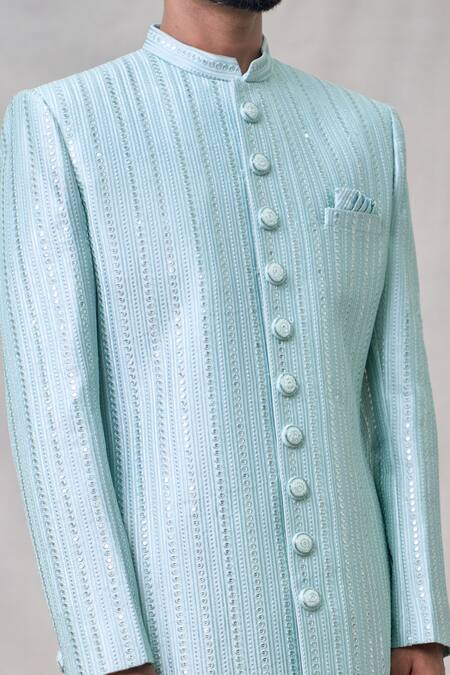 Shop Arihant Rai Sinha Green Silk, Chanderi Sequins, Embroidery Stripe Sherwani Set Online at Aza Fashions Shop_Arihant Rai Sinha_Green Silk, Chanderi Sequins, Embroidery Stripe Sherwani Set _Online_at_Aza_Fashions